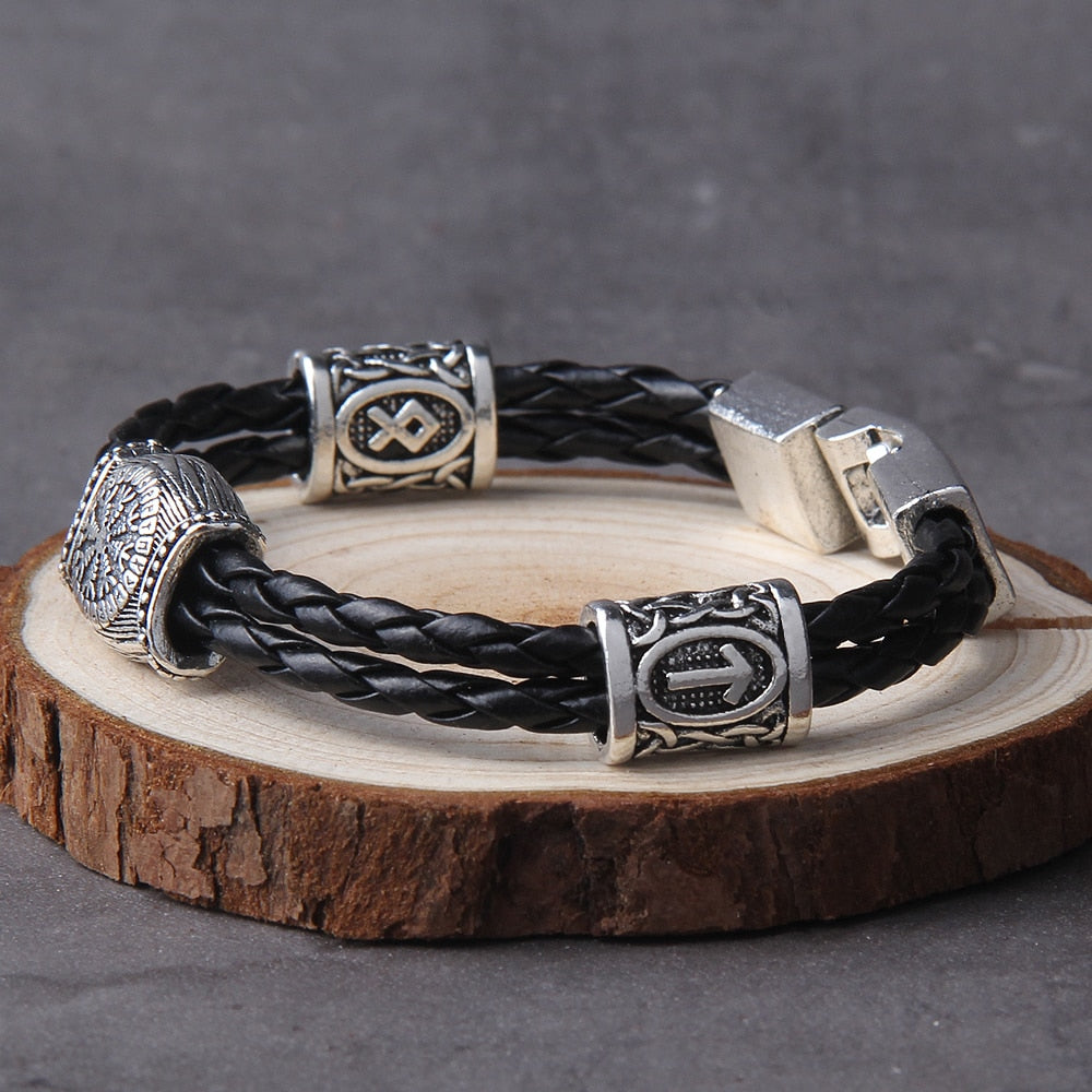 Viking Rune Bracelet – Leather with Helm of Awe Norse Gothic Punk Statement
