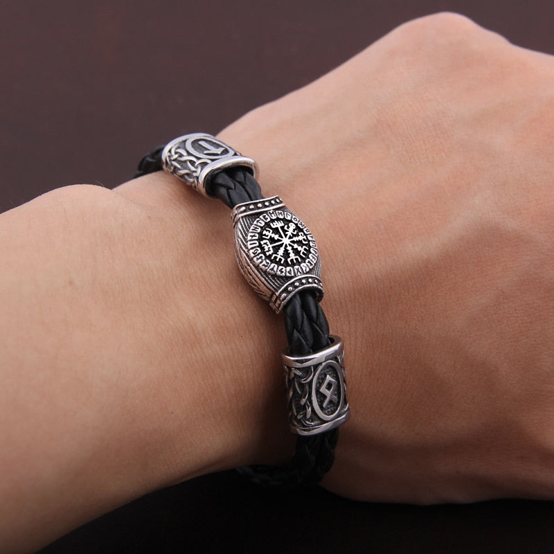 Viking Rune Bracelet – Leather with Helm of Awe Norse Gothic Punk Statement