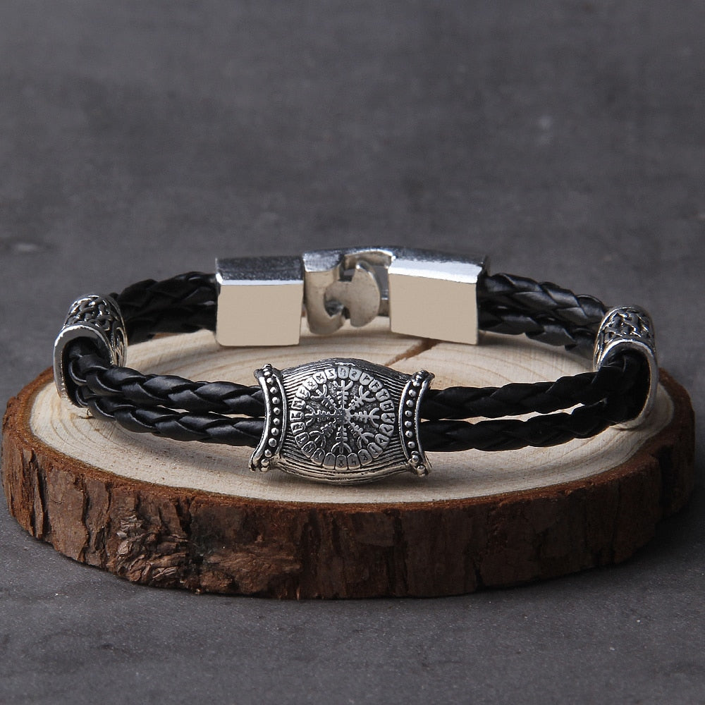 Viking Rune Bracelet – Leather with Helm of Awe Norse Gothic Punk Statement