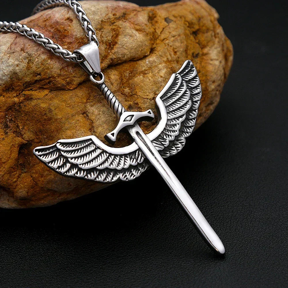 Viking Rune Necklace – Punk with Angelic Sword Angel Wings Gothic Biker Pendant
