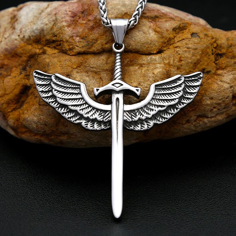 Viking Rune Necklace – Punk with Angelic Sword Angel Wings Gothic Biker Pendant