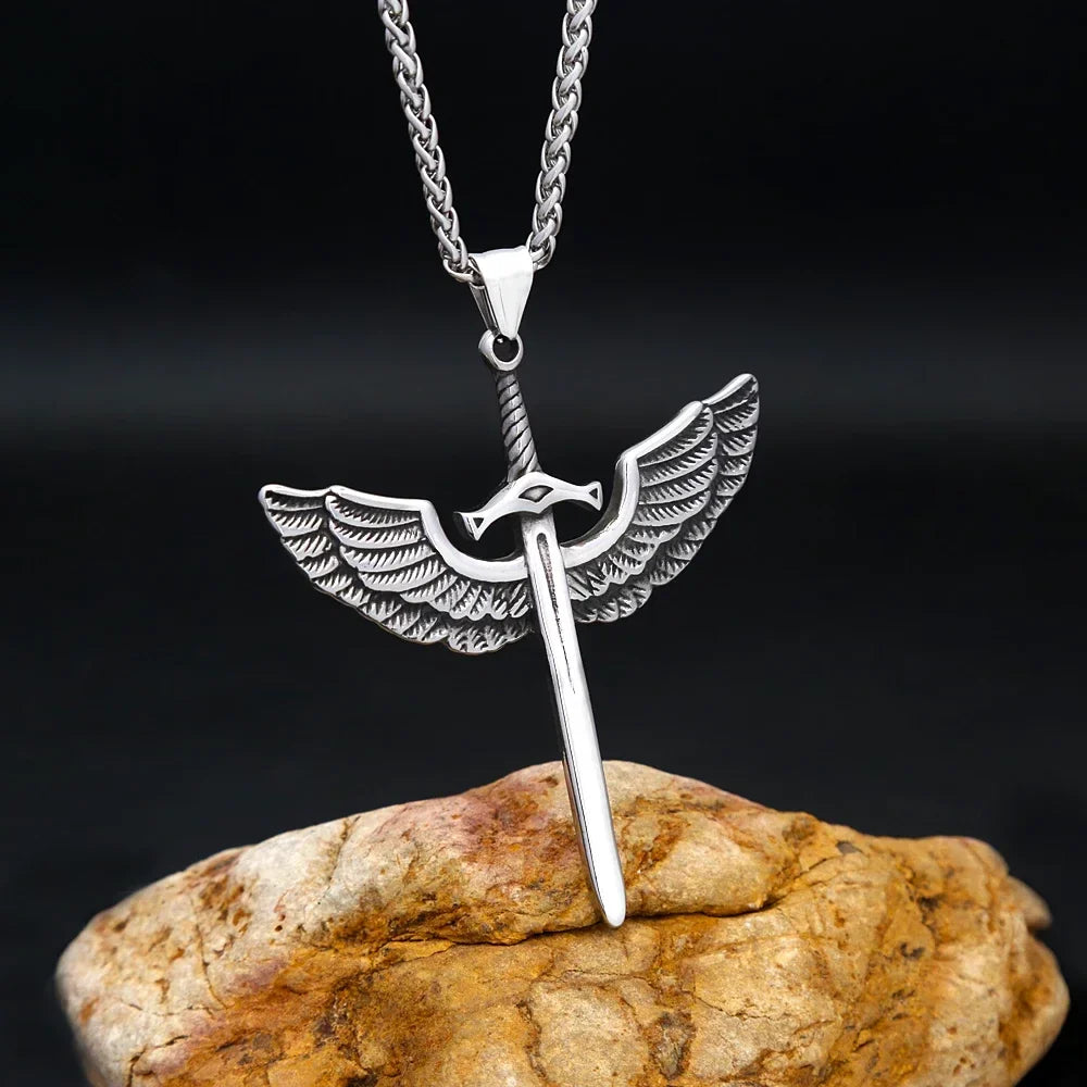 Viking Rune Necklace – Punk with Angelic Sword Angel Wings Gothic Biker Pendant