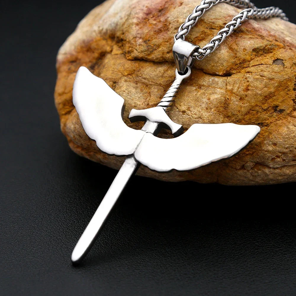 Viking Rune Necklace – Punk with Angelic Sword Angel Wings Gothic Biker Pendant