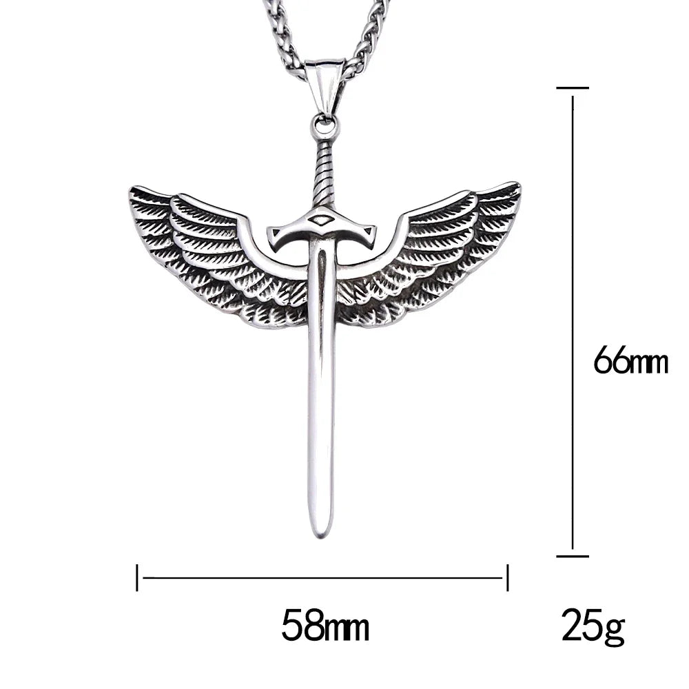 Viking Rune Necklace – Punk with Angelic Sword Angel Wings Gothic Biker Pendant