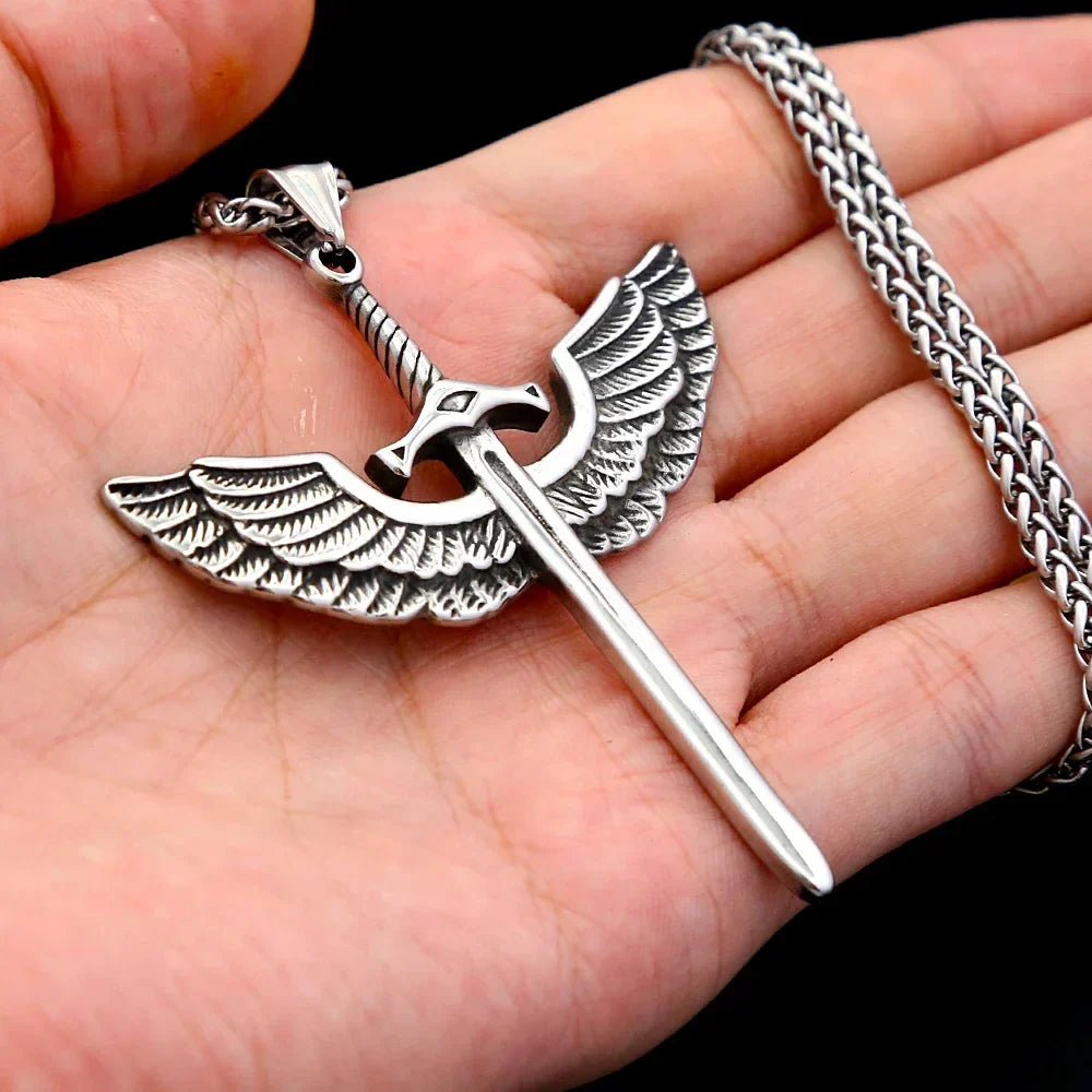 Viking Rune Necklace – Punk with Angelic Sword Angel Wings Gothic Biker Pendant
