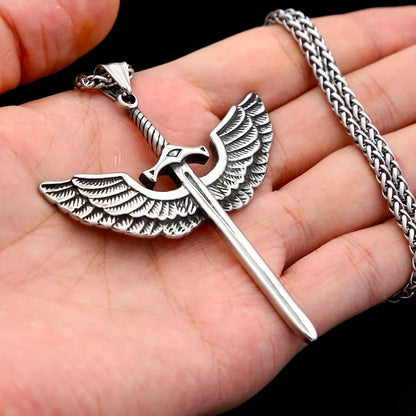 Viking Rune Necklace – Punk with Angelic Sword Angel Wings Gothic Biker Pendant